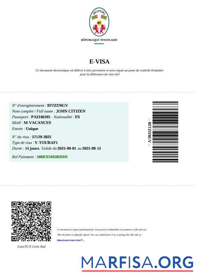 Printable Togo e visa template in Word and Pdf formats